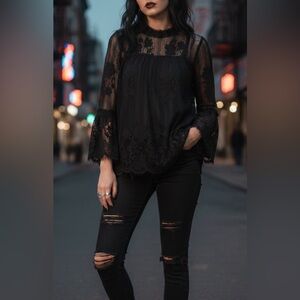 Miss Chievous Shirt Top  Blouse S Gray Lace Eyelet Crochet Floral Boho Bell Slv